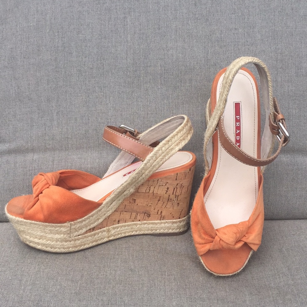 PRADA Platform Cork Wedge Sandal with Jute Detail
